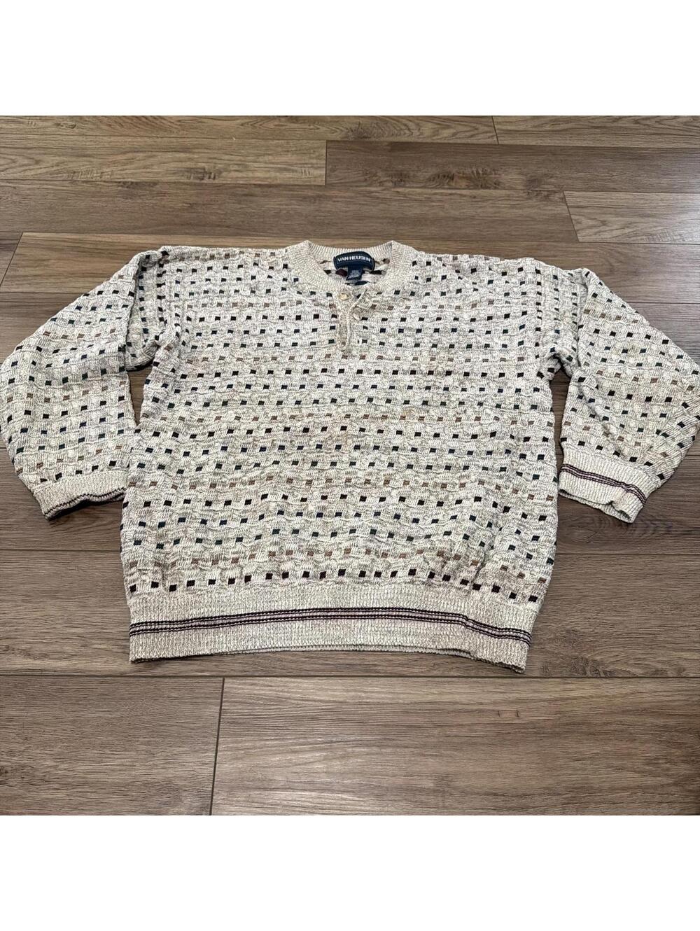 Vtg Van Heusen 3D Textured Block Knit Grandpa Sweater M